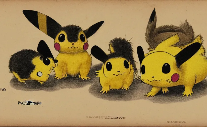 Image similar to scientific illustration of Pichu, Pikachu, and Raichu. Evolutionary line, comparative anatomy of electric mice.