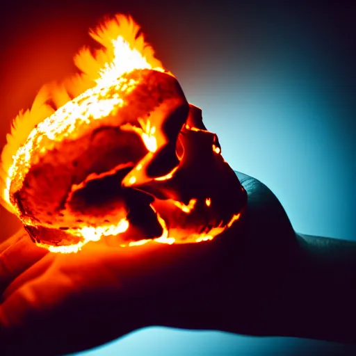 Prompt: photograph of a rotten damaged hand holding up a burning human skull with scorch marks on it, photorealistic, hyperdetailed, volumetric light, cinematic, f 8 aperture, orange rim lighting