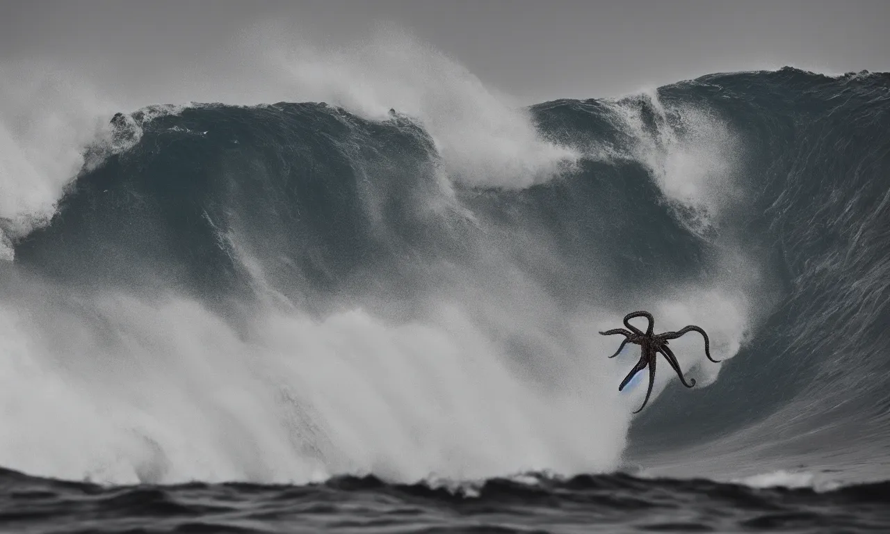 Image similar to mutant octopus surfing a big wave, photography by Hayden Richards, award winner, slow motion, refractions, summerpunk, nazare (portugal), 35mm, cinematic, evening at dusk,