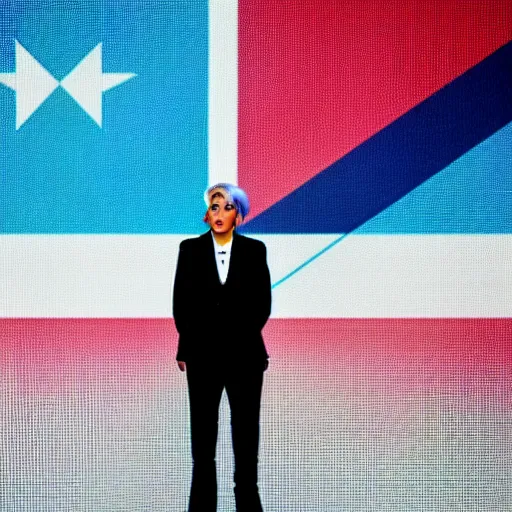 Image similar to Lady Gaga as president, Argentina presidential rally, Argentine flags behind, bokeh, giving a speech, detailed face, Argentina