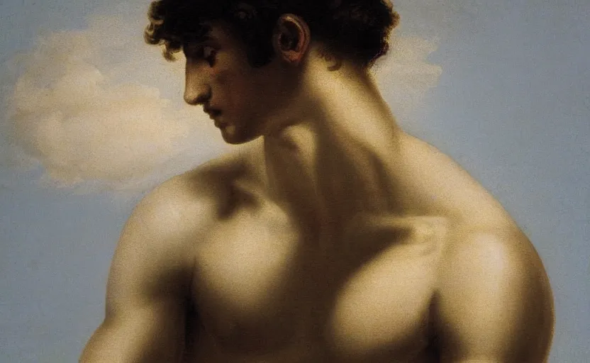 Prompt: hazy silhouette of a young athletic ancient greek male from a baroque painting on a white background