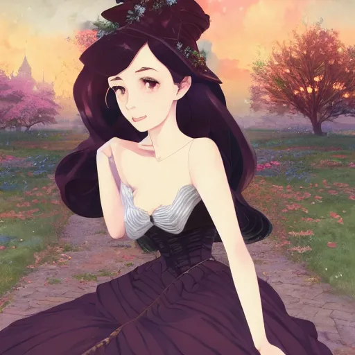 Prompt: portrait of a beautiful girl with dark hair dressed in victorian style fashion, castle gardens background, nighttime, rich vibrant colors, ambient lighting, dynamic lighting,, 4k, HQ, official media, anime key visual, makoto shinkai, ilya kuvshinov, lois van baarle, rossdraws, detailed, trending on artstation