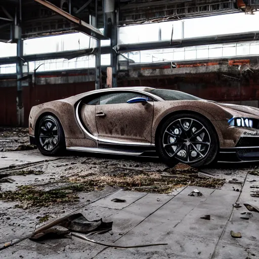 Image similar to an abandoned, derelict, rusty bugatti chiron in a dirty warehouse