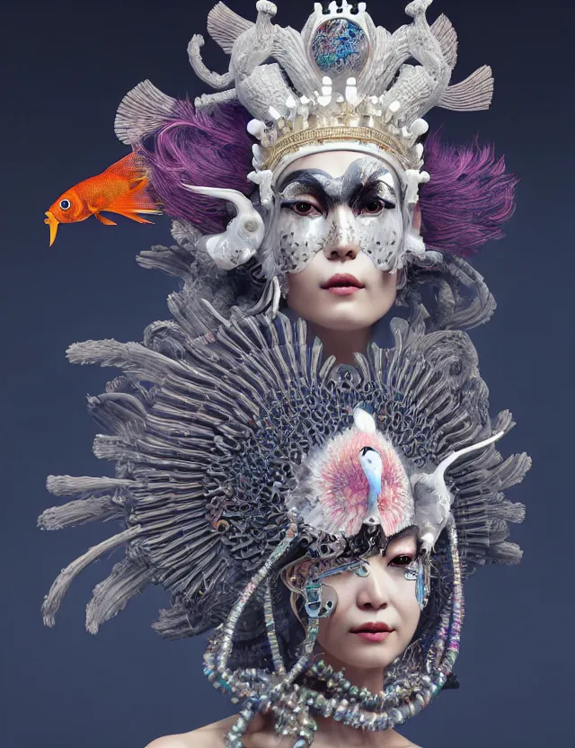 Image similar to 3 d goddess close - up profile portrait with crown, ram skull. beautiful intricately detailed punk japanese crow kitsune mask and clasical japanese kimono. betta fish, jellyfish phoenix, bio - luminescent, plasma, ice, water, wind, creature, artwork by tooth wu and wlop and beeple and greg rutkowski