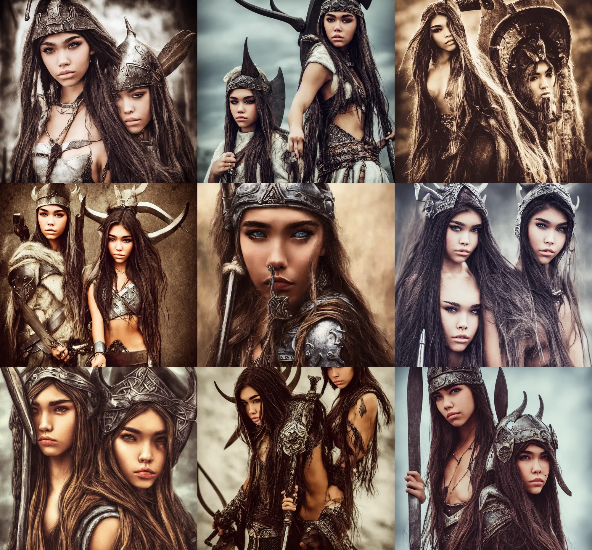 Prompt: low - agnle dslr photo madison beer as a viking by wlop style realism intricate details