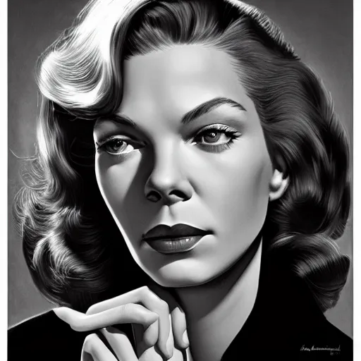 Prompt: lauren bacall studio publicity photo , portrait, highly detailed, digital painting, artstation, concept art, sharp focus, illustration, art , by norman rockwell