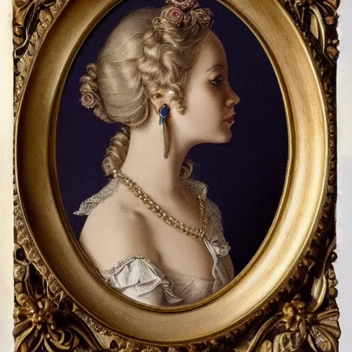 Image similar to ornate by cyril pontet flax. illustration. a beatiful portrait of a young woman, pictured from the shoulders up, wearing a pearl necklace & earrings. she has blonde hair that is styled in loose curls, & she is looking to the side with a soft expression.