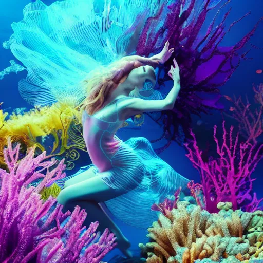 Prompt: beautiful woman with gorgeous eyes and high cheekbones dancing underwater wearing a flowing dress made of blue, magenta, and yellow seaweed, delicate coral sea bottom, swirling silver fish, swirling smoke shapes, octane render, caustics lighting from above, cinematic, hyperdetailed