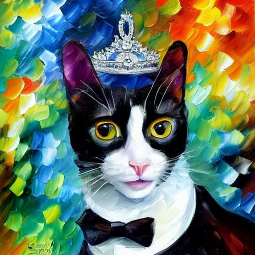 Prompt: portrait painting of a tuxedocat wearing a silver crown and necklace by Leonid Afremov