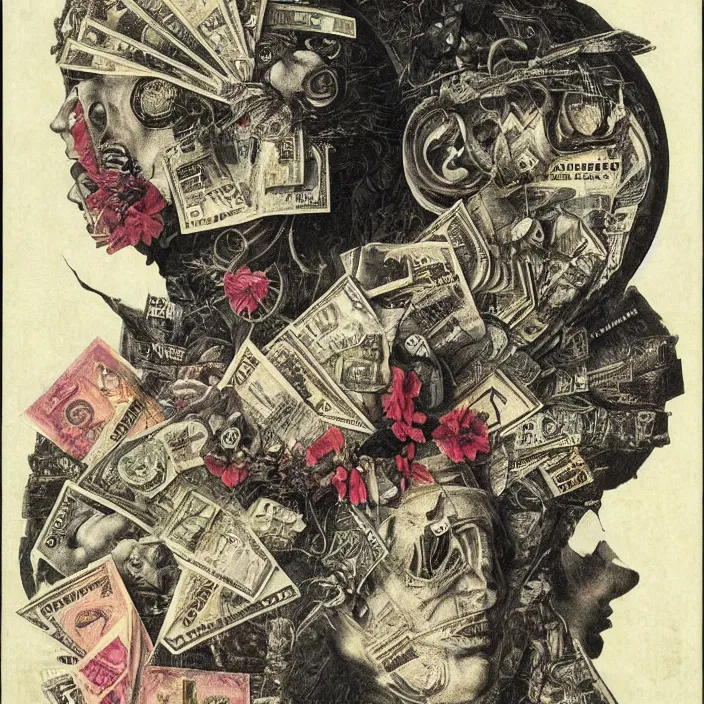 Image similar to post - punk new age album cover, asymmetrical design, dollar bank notes, capitalism, magic, apocalypse, psychedelic, black white pink, highly detailed, magic, giger h. r., giuseppe arcimboldo