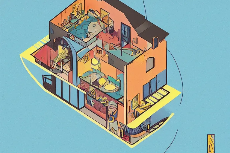 Prompt: a beautiful flat 2 dimensional illustration of a cross section of a house, a storybook illustration by muti and tim biskup, colorful, minimalism, featured on dribble, unique architecture, behance hd, storybook illustration, dynamic composition