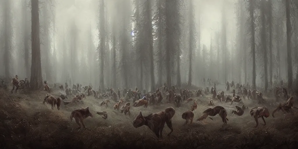 Image similar to a painting of a group of medieval villagers being attacked by wolves in a foggy dense forest by greg rutkowski, dark fantasy art, high detail, trending on artstation