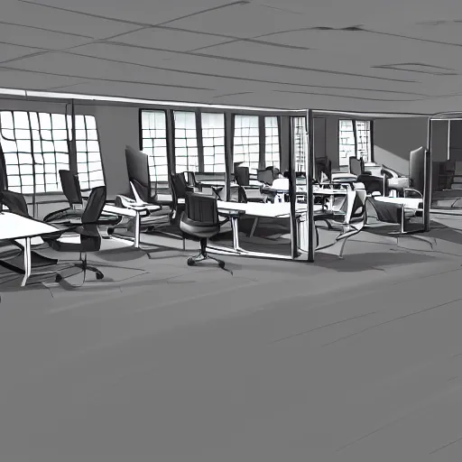 Prompt: a line drawing of an office with chairs and desks, a computer rendering by senior environment artist, polycount, bauhaus, matte drawing, ambient occlusion, global illumination