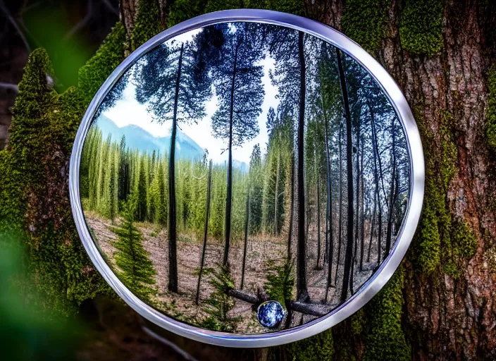 Image similar to photo of a crystal mirror that is a portal to a barren!! world. Forest in the background. Fantasy magic style. Highly detailed 8k. Intricate. Nikon d850 55mm. Award winning photography.