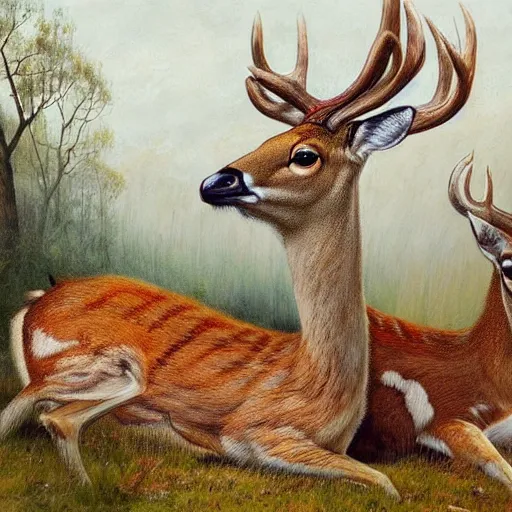 Image similar to a painting of deer in tiger skin and normal deer facing each other, their heads bowed towards ground by esao andrews