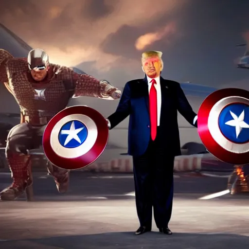 Image similar to Donald trump with captain America’s body, realistic artstyle, wide shot, dramatic lighting, octane render, hyperrealistic, high quality, highly detailed, HD, beautiful, cinematic, 8k, unreal engine, facial accuracy, symmetrical