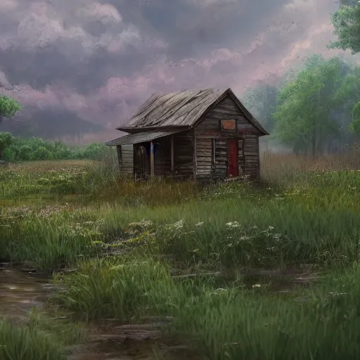 Image similar to a matte painting of a midwestern countryside, shack close up, river, overgrown, patchy flowers, oil painting, pale colors, high detail, 8 k, wide angle, trending on artstation,
