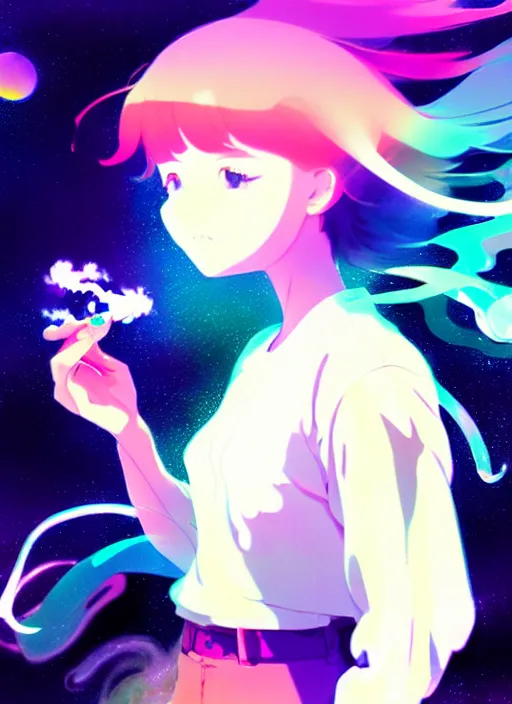 Image similar to portrait of a very cute girl blowing a vape cloud of psychedelic galaxies, white background, illustration concept art anime key visual, very trippy and abstract, trending pixiv fanbox by wlop and greg rutkowski and makoto shinkai and studio ghibli and kyoto animation