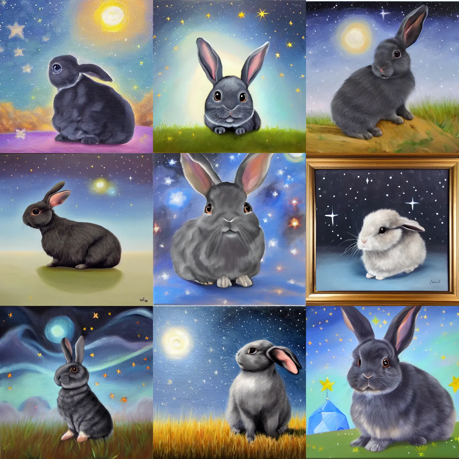 Prompt: Oil painting of a dark gray holland lop rabbit, starry sky, dreamy