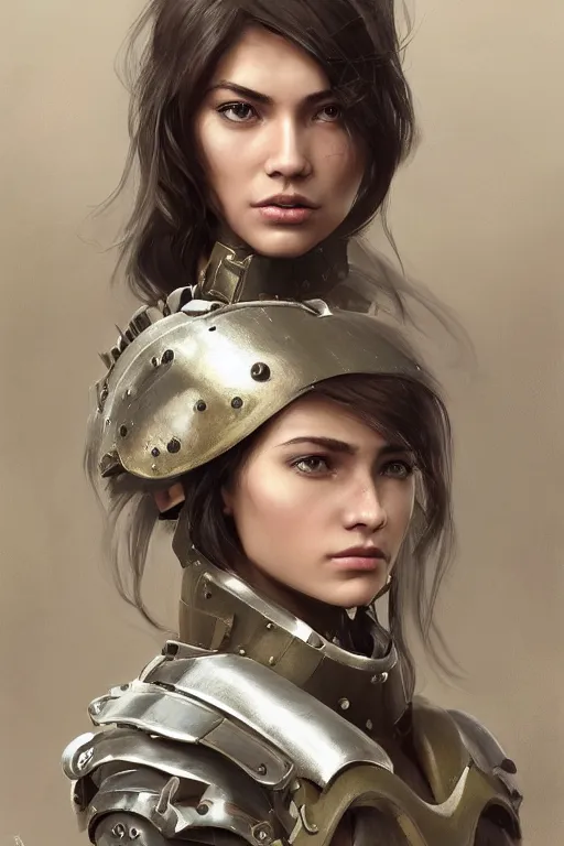 Prompt: a finely detailed portrait of an attractive young woman, clothed in military-style battle armor, shoulder mounted gun, olive skin, long dark hair, beautiful bone structure, symmetrical facial features, intricate, elegant, digital painting, trending on Artstation, concept art, smooth, sharp focus, illustration, from Metal Gear by Ruan Jia and Mandy Jurgens and Artgerm and William-Adolphe Bouguerea, award winning