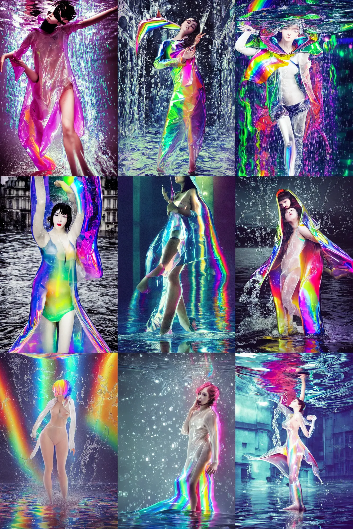 Prompt: Beautiful Sergey Piskunov style seinen manga style paris(1980) film still heavy nighttime paris floods dance scene Fashion photography portrait of feminine dancer, wearing translucent refracting rainbow diffusion wet plastic zaha hadid designed specular highlights raincoat, half submerged, water to waste, , épaule devant pose;pursed mouth; mercury white lipstick;,pixie hair,;oversized emerald eyes;eye contact;,petite nose; by Nabbteeri, ultra realistic, Kodak , 8K, 15mm lens, three point perspective, chiaroscuro, highly detailed, by moma, by Nabbteeri