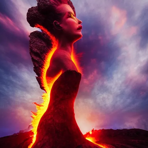 Image similar to the goddess of fire, lava, volcano, photomanipulation, beautiful, 8k, moody, atmpspheric, ethereal, otherworldly, dramatic