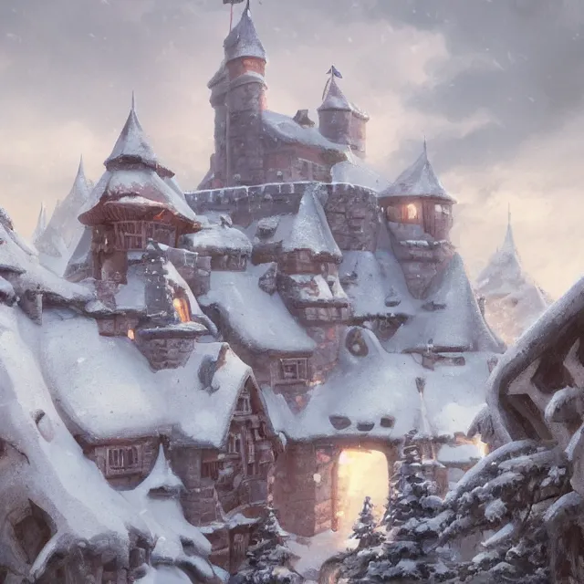 Image similar to a painting of a castle in the middle of a snowy mountain, a detailed matte painting by andreas rocha and greg rutkowski, featured on artstation, fantasy art, matte drawing, matte painting, artstation hq