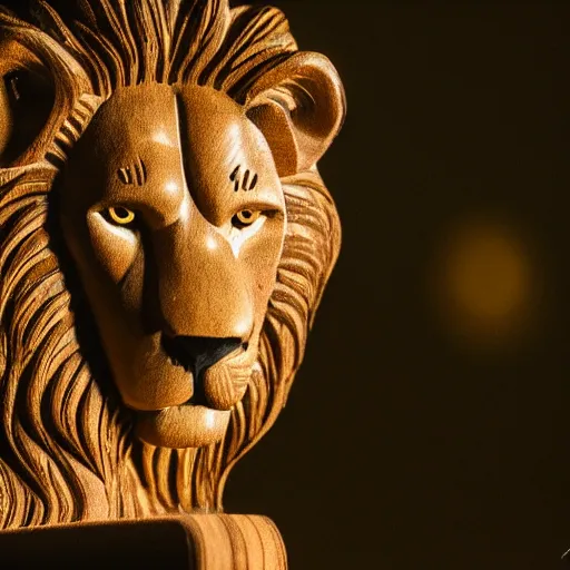 Image similar to a wood sculpture of a lion sitting on a wooden desk, night, macro photography 35mm