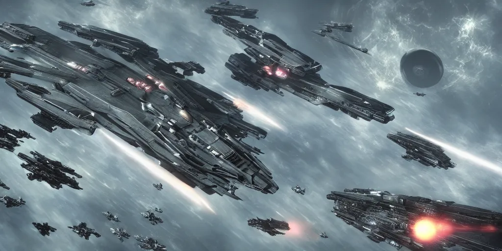 Prompt: absolutely massive eve online spaceship battle, fighters, fleet carriers, recon ships, cruisers, all types of spaceships, extremely detailed, cinematic, by rembrandt