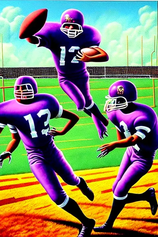 Prompt: a hyperrealistic painting of a chimeric creature scoring a touchdown on the foot ball field. cinematic horror by chris cunningham, lisa frank, richard corben, highly detailed, vivid color,