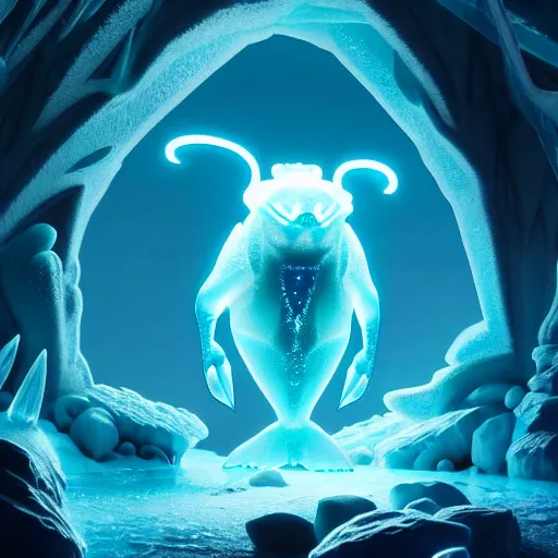 Prompt: ( ice pokemon ) creature creature in a alaska cave, bioluminescent bioluminescent translucent translucent : : by michal karcz, daniel merriam, victo ngai and guillermo del toro : : ornate, dynamic, particulate, intricate, elegant, highly detailed, centered, artstation, smooth, sharp focus, octane render, 3 d