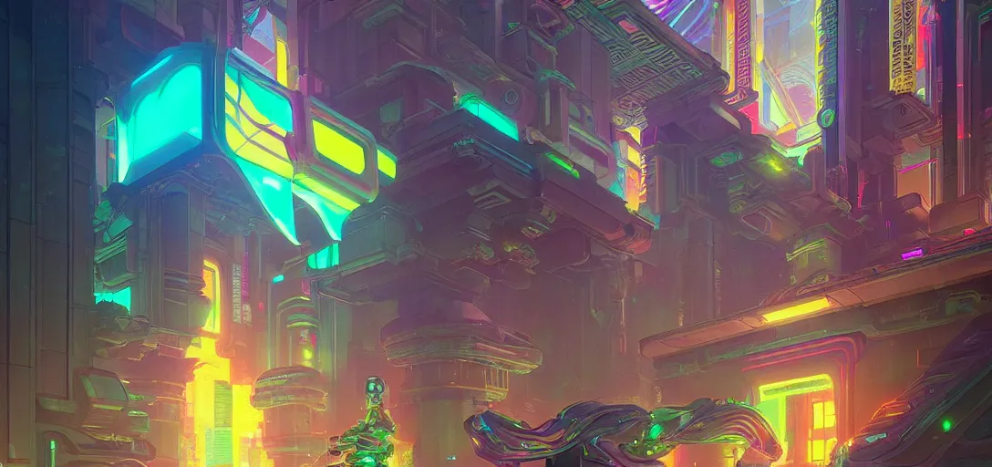 Image similar to street view of a cybernetic temple, vaporwave aesthetic, colorful, psychedelic, digital painting, artstation, concept art, smooth, sharp focus, illustration, art by artgerm and greg rutkowski and alphonse mucha