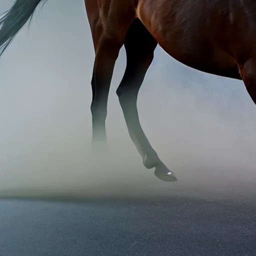 Prompt: muted-color-smoke wisps coalesce onto the floor into a close-up outline reminiscent of a high-energy racing horse crossing the finish line.