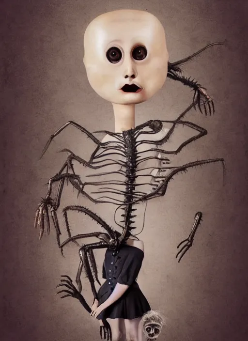 Image similar to surreal portrait of a creature with the body of a headless 1950's school-girl dress wearing mannequin and whose head is a giant big-eyed tarantula, inspired by Mark Ryden and Marion Peck, hints of Cronenberg and Hellraiser