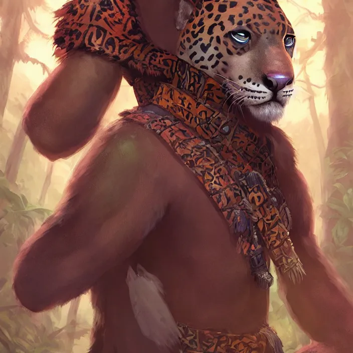 Image similar to character portrait feature of the anthro male anthropomorphic jaguar fursona animal person wearing shaman tribal outfit robes belt standing in the amazon rainforest, well framed character design stylized by charlie bowater, ross tran, artgerm, makoto shinkai, detailed, soft lighting, rendered in octane