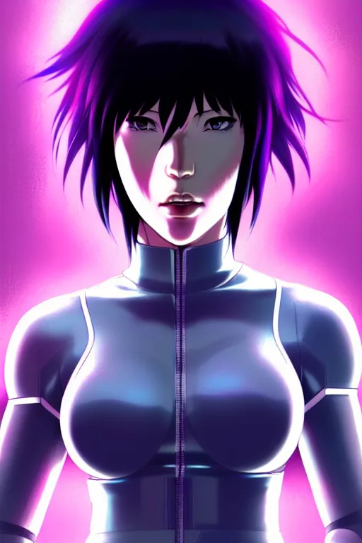 Image similar to a still fullbody portrait of motoko kusanagi ghost in the shell, finely detailed features, closeup at the faces, perfect art, at a cyberpunk city, gapmoe yandere grimdark, trending on pixiv fanbox, by ilya kuvshinov, rossdraws, artgerm