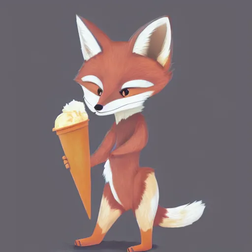 Image similar to furry art of female fox walking down the street holding an icecream cone, digital art, artstation, 4K, detailed, detailed fur, wearing grey hoodie, zootopia, detailed face, anthromorphic,