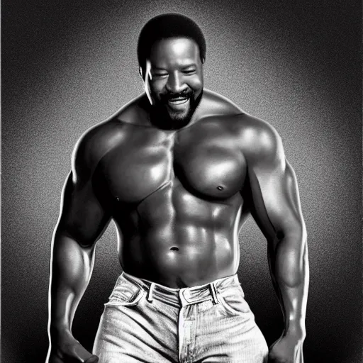 Image similar to marvin gaye with the physique of a body builder, hyper realistic, ultra detailed, cinematic, dynamic lighting, photorealistic, refined, intricate, digital art, digital painting, masterpiece, 8k,