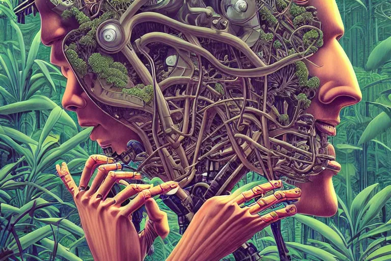 Prompt: gigantic robot head with lot of glass details, a lot of exotic vegetation, trees, flowers, dull colors, in the foggy huge forest, by moebius, junji ito, tristan eaton, victo ngai, artgerm, rhads, ross draws, hyperrealism, intricate detailed, risograph, optical illusion