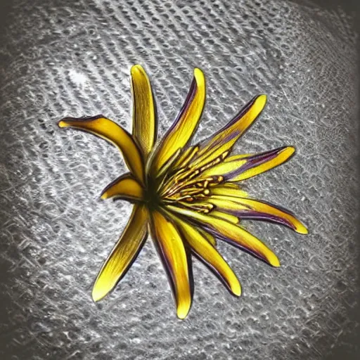 Prompt: a tiger lily flower made of metal, metallic, shiny, glowing, high detail