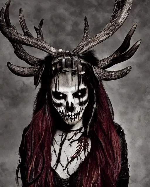 Image similar to deer - skull sisters ghost - spirit of the grim - warpaint wears the scarlet skull armor and native blood headdress antlers, midnight fog - mist!, cinematic lighting, various refining methods, micro macro autofocus, ultra definition, award winning photo, photograph by ghostwave - gammell - giger - shadowlord