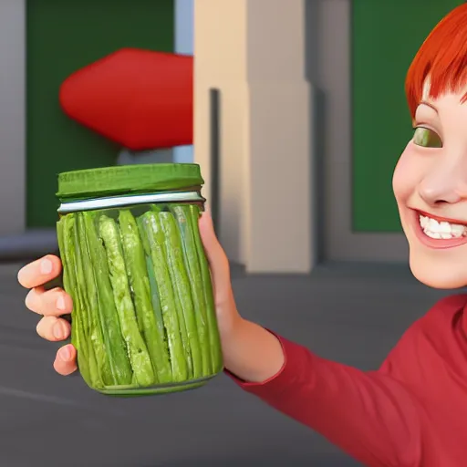 Prompt: a smiling girl with short grey red hair proudly holding a fido jar into the camera. close up. the fido jar is filled with big green pickles. by ralph mcquarrie