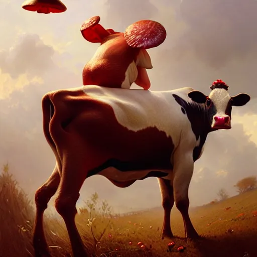 Prompt: many mushrooms sprouting from a cow's back. a cow with a red skin with white dots. highly detailed, digital painting, artstation, smooth, sharp focus, masterpiece, illustration, art by greg rutkowski and alphonse mucha