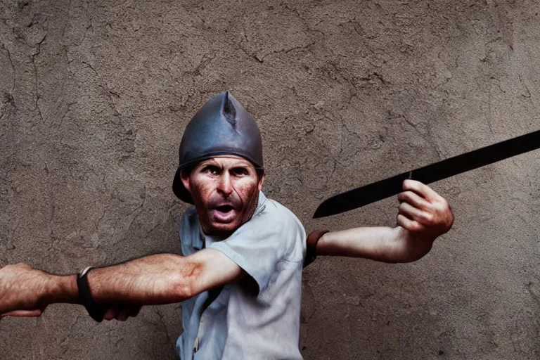 Image similar to closeup potrait of a man tripping over a sword, natural light, sharp, detailed face, magazine, press, photo, steve mccurry, david lazar, canon, nikon, focus