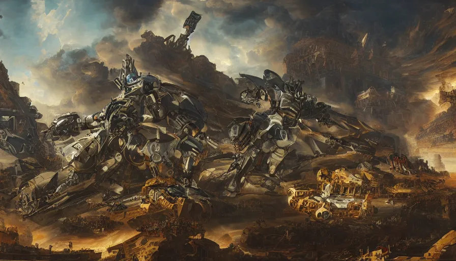 Image similar to 1 7 3 1's baroque painting of mecha destroying athens, hyperdetailed, artstation, cgsociety, 8 k