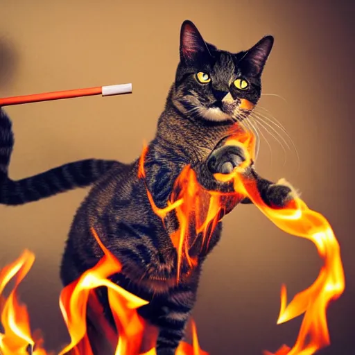Prompt: professional photograph of a cat juggling fire sticks ona unicycle