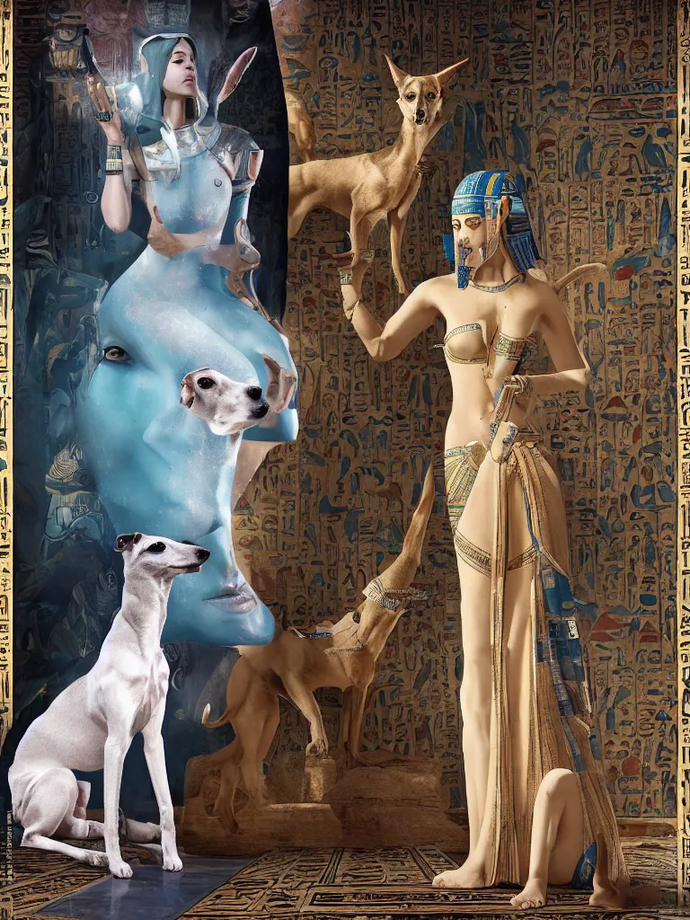 Prompt: portrait of a beautiful female ancient Egyptian goddess next to the god Anubis as a whippet, blue lotus flowers grow around them, by Alessio Albi, painted by Artgerm, by Marc Simonetti