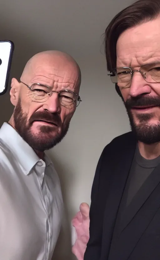 Image similar to img _ 1 4 2 4. jpg. walter white and john wick selfie. candid, looking at camera, snapchat, instagram, hashtags, accidental selfie, front camera, tiktok, popular, realistic, real life