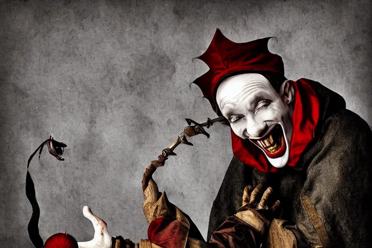 Prompt: medieval jester laughing, sinister, photograph, portrait, digital art,