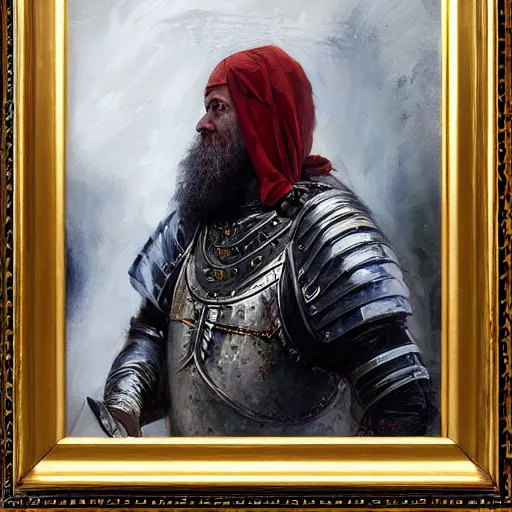 Image similar to Solomon Joseph Solomon and Richard Schmid and Jeremy Lipking victorian genre painting portrait painting of a old rugged movie actor medieval knight character in fantasy costume, red background